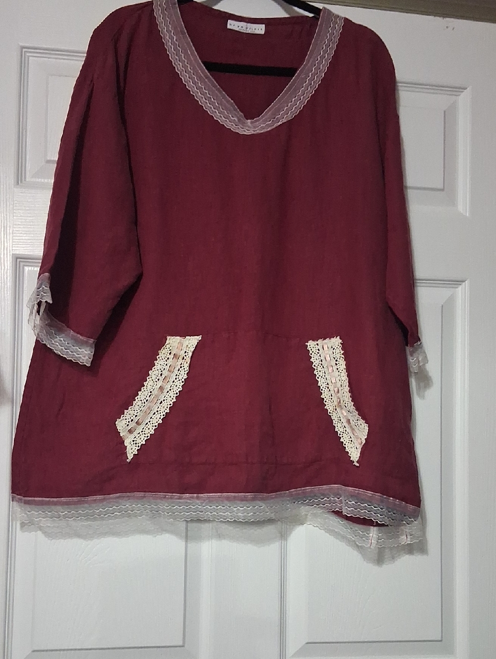 bryn Walker Wine Tunic with Cream Lace Trim 100% Linen